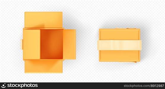 Top view open closed cardboard box isolated on transparent background. 3D vector illustration empty delivery package or parcel mockup. Cargo packing, shipping, storage service icon design, scotch tape. Top view cardboard box on transparent background
