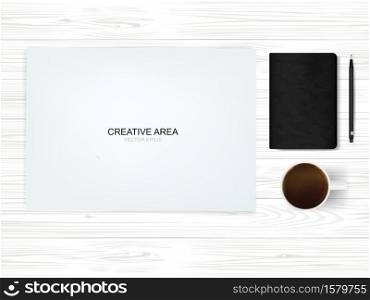 Top view paper background of working space with coffee cup, black notebook and metallic pencil on white wood. Vector illustration.