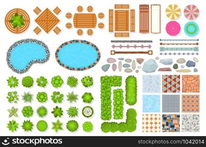 Top view park items. Public furniture outdoor relaxing chair, bench and umbrella. Gardens trees and water pool. Aerial vector landscape designed for map and architecture exterior set. Top view park items. Public furniture outdoor relaxing chair, bench and umbrella. Gardens trees and water pool. Aerial vector landscape set