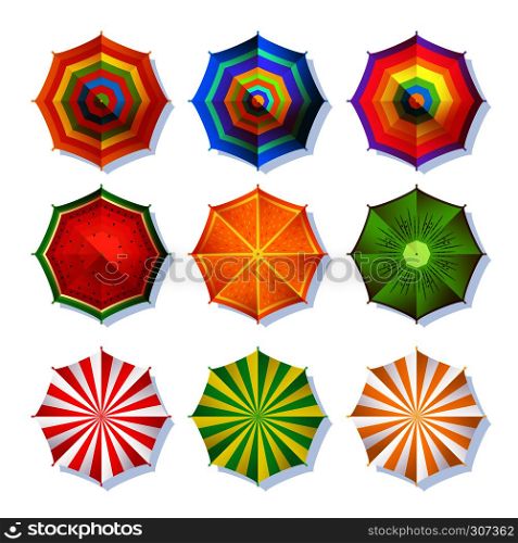 Top view picture of summer beach umbrella for relaxation. Colorful vector set isolate on white. Collection of color umbrella for protection from sun, illustration of umbrella with stripe pattern. Top view picture of summer beach umbrella for relaxation. Colorful vector set isolate on white
