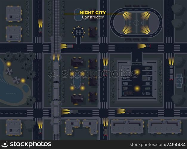 Top view poster of night city with usual elements like roads buildings parking and other flat vector illustration. Night City Top View