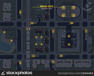 Top view poster of night city with usual elements like roads buildings parking and other flat vector illustration. Night City Top View
