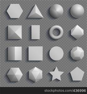 Top view realistic math basic shapes isolated on transparent background. Vector basic geometry shape, square and rectangle, hexagon and triangle illustration. Top view realistic math basic shapes isolated on transparent background