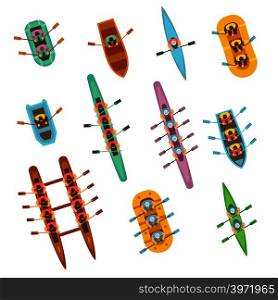 Top view rowing sport boats with team vector set. Water sport boat team, canoe and kayak rowing illustration. Top view rowing sport boats with team vector set