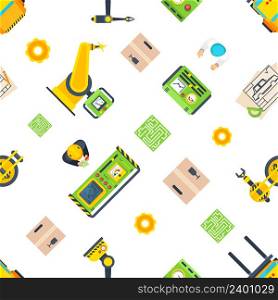Top view seamless pattern with different production line elements like control panel or automatic tool flat vector illustration. Production Line Seamless Pattern