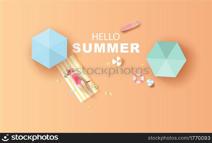 top view Sunbathing woman on beach. travel summer season banner. Hello summer Decoration swimming equipment. Seaside with landscape pastel color tone background,Paper cut and craft style vector.
