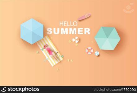 top view Sunbathing woman on beach. travel summer season banner. Hello summer Decoration swimming equipment. Seaside with landscape pastel color tone background,Paper cut and craft style vector.
