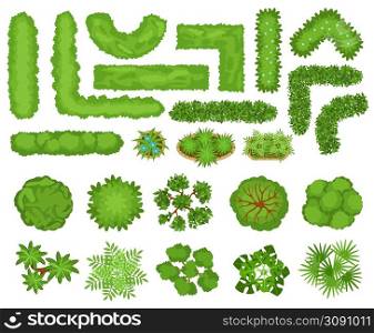 Top view trees, plants, garden bushes and hedges for landscape design. City park landscaping elements, hedge, bush, flowers vector set. Botanic objects with green foliage for plan isolated on white. Top view trees, plants, garden bushes and hedges for landscape design. City park landscaping elements, hedge, bush, flowers vector set