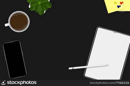 top view workspace with coffee, tablet, plant, smartphone. vector flat illustration banner.
