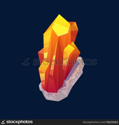 Topaz yellow mineral isolated on dark blue. Vector mineralogy symbol, crystalline stone or gemstone sapphire. Golden nugget, jewel raw material, jewelry precious stone or organic orange crystal. Sapphire or topaz yellow mineral, stone crystal