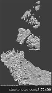 Topograφc≠gative relief map of the Canadian territory of NORTHWEST TERRITORIES, CANADA with white contour li≠s on dark gray background