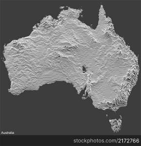 Topographic negative relief map of AUSTRALIA with white contour lines on dark gray background