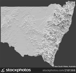 Topographic negative relief map of the Australian state of NEW SOUTH WALES, AUSTRALIA with white contour lines on dark gray background