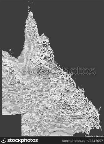 Topographic negative relief map of the Australian state of QUEENSLAND, AUSTRALIA with white contour lines on dark gray background