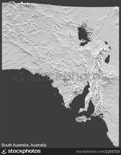 Topographic negative relief map of the Australian state of SOUTH AUSTRALIA with white contour lines on dark gray background