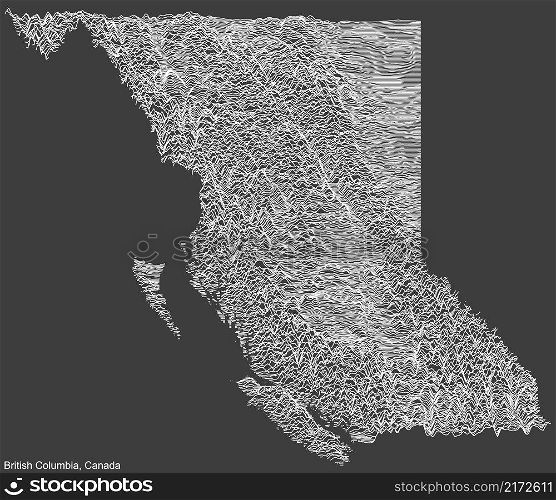 Topographic negative relief map of the Canadian province of BRITISH COLUMBIA, CANADA with white contour lines on dark gray background