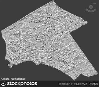 Topographic negative relief map of the city of ALMERE, NETHERLANDS with white contour lines on dark gray background
