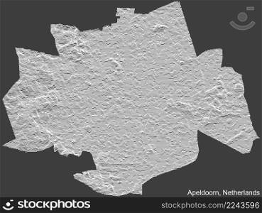 Topographic negative relief map of the city of APELDOORN, NETHERLANDS with white contour lines on dark gray background