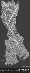 Topographic negative relief map of the city of LARVIK, NORWAY with white contour lines on dark gray background