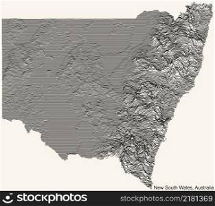 Topographic relief map of the Australian state of NEW SOUTH WALES, AUSTRALIA with black contour lines on vintage beige background