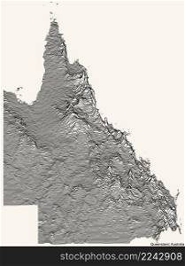 Topographic relief map of the Australian state of QUEENSLAND, AUSTRALIA with black contour lines on vintage beige background