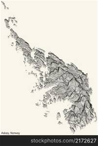 Topographic relief map of the city of ASKOY, NORWAY with black contour lines on vintage beige background