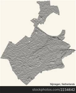 Topographic relief map of the city of NIJMEGEN, NETHERLANDS with black contour lines on vintage beige background