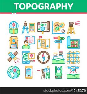 Topography Research Collection Icons Set Vector. Topography Equipment And Device, Compass And Calculator, Satellite And Phone, Drone Concept Linear Pictograms. Color Illustrations. Topography Research Collection Icons Set Vector