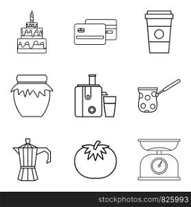 Topping icons set. Outline set of 9 topping vector icons for web isolated on white background. Topping icons set, outline style