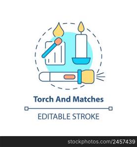 Torch and matches concept icon. Things to pack for evacuation. Emergency preparedness abstract idea thin line illustration. Isolated outline drawing. Editable stroke. Arial, Myriad Pro-Bold fonts used. Torch and matches concept icon