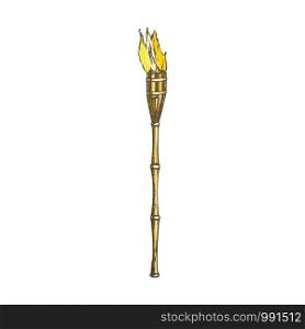 Torch Burning Bamboo Beach Lamp Color Vector. Tropical Flaming Torch, Lighting Element. Burn With Tongue Engraving Layout Designed In Vintage Style Illustration. Torch Burning Bamboo Beach Lamp Color Vector