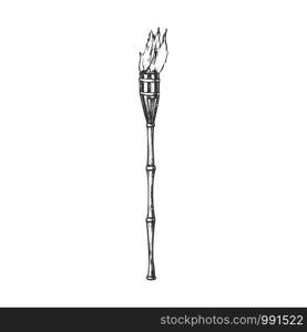 Torch Burning Bamboo Beach Lamp Monochrome Vector. Tropical Flaming Torch, Lighting Element. Burn With Tongue Engraving Layout Designed In Vintage Style Black And White Illustration. Torch Burning Bamboo Beach Lamp Monochrome Vector