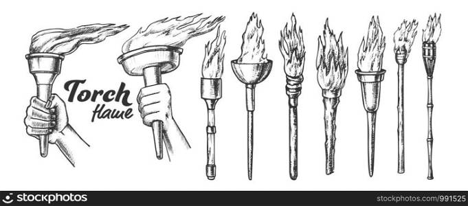 Torch Burning Collection Monochrome Set Vector. Different Material And Size, Medieval And Olympic Torch. Burn Fire Engraving Template Hand Drawn In Vintage Style Black And White Illustrations. Torch Burning Collection Monochrome Set Vector