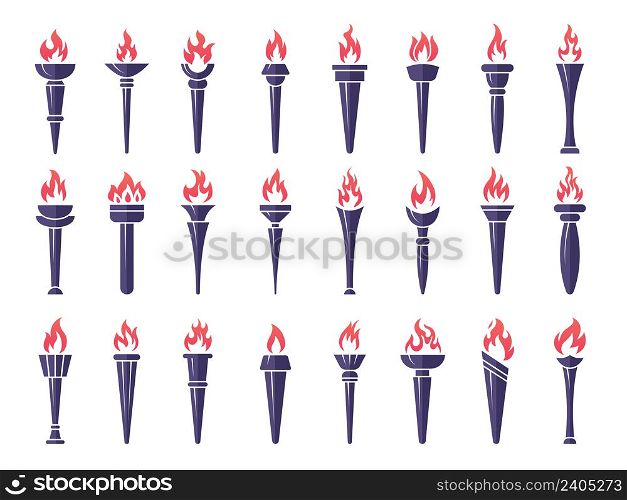 Torch collections. Graphic stylized flames on torch recent vector set of sport symbols. Illustration of fire burn torch, flaming bright collection. Torch collections. Graphic stylized flames on torch recent vector set of sport symbols