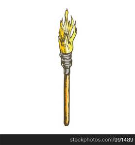 Torch Decorative Wooden Stick With Fire Color Vector. Aged Flaming Torch, Lighting Equipment. Burn With Tongue Engraving Layout Designed In Vintage Style Illustration. Torch Decorative Wooden Stick With Fire Color Vector