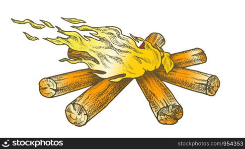 Torch Flame Blowing In Wind Color Vector. Burning Starburst Timbers Flame Fireplace. Camping Tourist Element Campfire Template Designed In Vintage Style Illustration. Torch Flame Blowing In Wind Color Vector