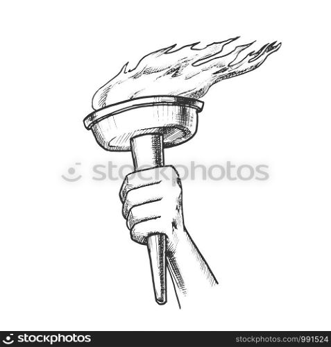 Torch Hand Hold Olympic Burning Stick Retro Vector. Torch With Peaceful Fire of Freedom. Symbol Victory in Competitions Engraving Mockup Designed In Vintage Style Monochrome Illustration. Torch Hand Hold Olympic Burning Stick Retro Vector