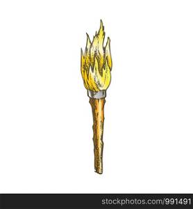 Torch Handmade Old Wooden Burning Stick Color Vector. Torch With Combustible Material, Lighting Night Equipment. Burn With Tongue Engraving Layout Designed In Vintage Style Illustration. Torch Handmade Old Wooden Burning Stick Color Vector