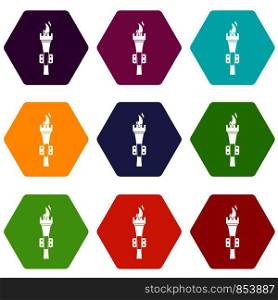 Torch icon set many color hexahedron isolated on white vector illustration. Torch icon set color hexahedron