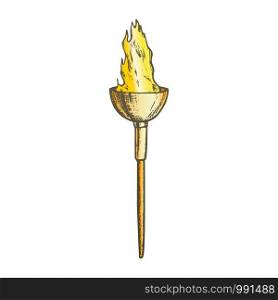 Torch Light Decorative Flame Stick Color Vector. Ancient Flaming Torch Or Lighting Flambeau. Shine And Burn Torchlight Engraving Mockup Hand Drawn In Vintage Style Illustration. Torch Light Decorative Flame Stick Color Vector