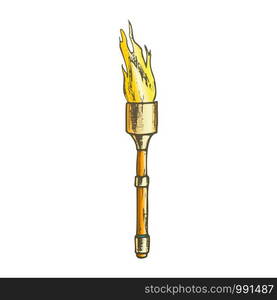 Torch Light Stick With Flame Color Vector. Medieval Burning Torch Or Lighting Flambeau. Shine And Burn Fire Engraving Template Hand Drawn In Vintage Style Illustration. Torch Light Stick With Flame Color Vector