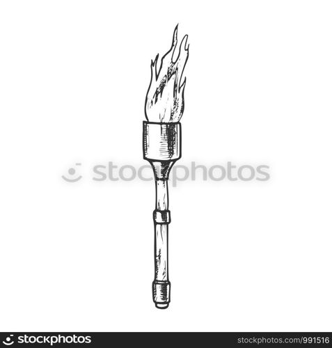 Torch Light Stick With Flame Monochrome Vector. Medieval Burning Torch Or Lighting Flambeau. Shine And Burn Fire Engraving Template Hand Drawn In Vintage Style Black And White Illustration. Torch Light Stick With Flame Monochrome Vector