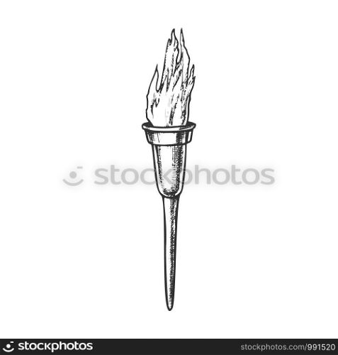 Torch Modern Metallic Burning Stick Ink Vector. Torch Light Source Equipment. Burn With Tongue For Symbolic And Religious Events Engraving Template Designed In Vintage Style Monochrome Illustration. Torch Modern Metallic Burning Stick Ink Vector