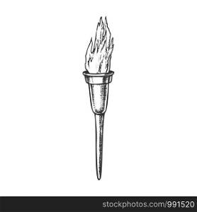 Torch Modern Metallic Burning Stick Ink Vector. Torch Light Source Equipment. Burn With Tongue For Symbolic And Religious Events Engraving Template Designed In Vintage Style Monochrome Illustration. Torch Modern Metallic Burning Stick Ink Vector