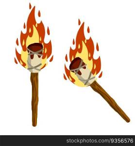 Torch on stick. Primitive weapon. Burning club. Cartoon flat illustration. old item for lighting. Fire and branch.. Torch on stick. Primitive weapon.