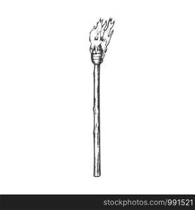 Torch Tall Handmade Wood Burning Stick Ink Vector. Hawaiian Antique Torch Fire Lamp, Lighting Night Equipment. Burn Engraving Template Designed In Vintage Style Black And White Illustration. Torch Tall Handmade Wood Burning Stick Ink Vector