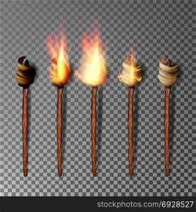 Torch With Flame. Realistic Fire. Realistic Fire Torch Isolated On Transparent Background. Vector Illustration. Torch With Flame. Realistic Fire. Realistic Fire Torch Isolated On Transparent Background. Vector