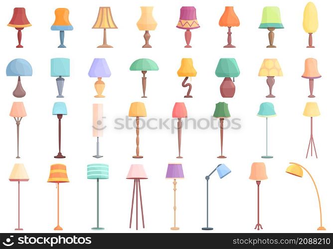 Torchere icons set cartoon vector. Light lamp. Apartment spotlight. Torchere icons set cartoon vector. Light lamp