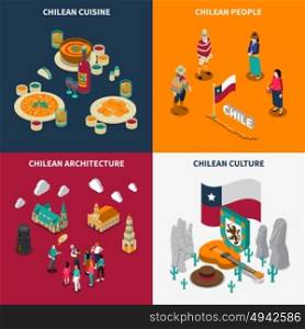Toristic Chili 4 Isometric Icons Set . Chili attractions for tourists 4 isometric icons square poster with national culture cuisine and landmarks isolated vector illustration