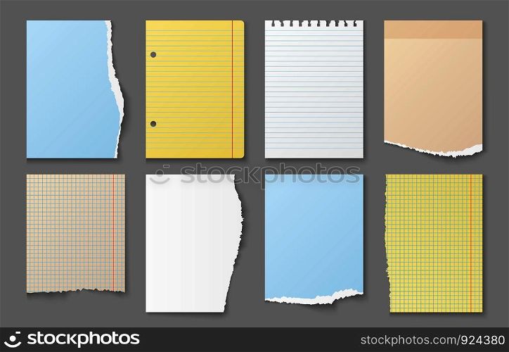 Torn notebook paper. Ripped edges of note sheets, colored blank paper messages and reminder stickers vector different papel strips list shape set. Torn notebook paper. Ripped edges of note sheets, color blank paper messages and reminder stickers vector set